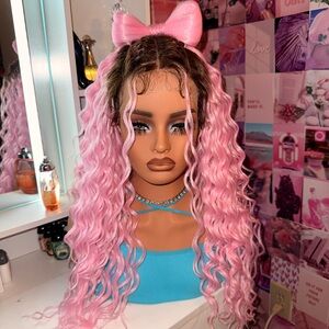 Pink Ombre Lace Front Wig – Long Wavy – Removable Matching Bow – Dark Root
